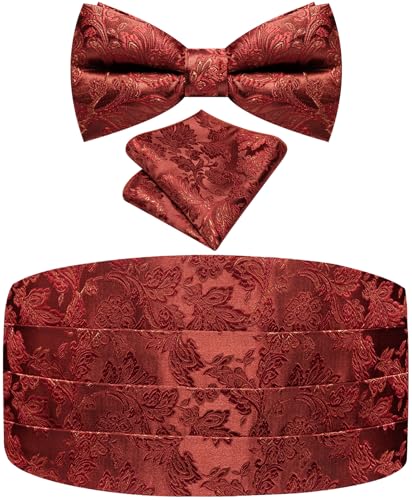 Image of Paisley Floral Tuxedo Cummerbund Bow Tie Pocket Square Set for Men | 3-piece set:cummerbund,bow tie&pocket square.Adjustable back for comfort.Silk blend,wedding,proms,black tie&formal events.