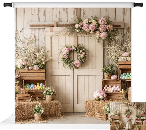 Kate Easter Backdrops for Photoshoot Spring Flowers Wood Barn Door Colorful Eggs Party Banner Props, 10x10ft