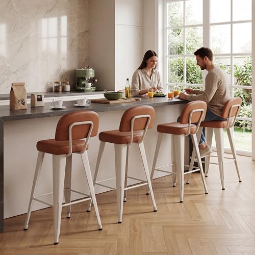 Image of Yongchuang 30 inch Bar Stools with Back Set of 4, Faux Leather Bar Height Stools with Metal Legs Modern Upholstered Kitchen Island Bar Chairs, Brown White
