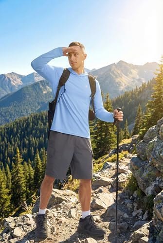PINSPARK Men's UPF 50+ Sun Protection Long Sleeve Hoodie Shirts UV Outdoor Cooling Fishing Shirts SPF Rash Guard Shirt for Men L Light Blue — view 7