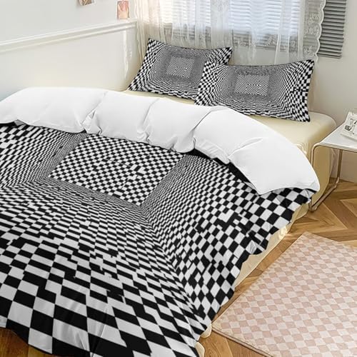FOSKERV Comfortable Thickened Bedding Set, Wear Resistant Reusable Bed Sheet Sets with 1 Duvet Cover and 2 Pillowcases for Bedding, Trippy Checkerboard Black and White, 86"×70"