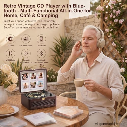 Image of Gueray CD Player Portable Bluetooth: Retro CD Players with Speakers Vintage CD-Player 3600mAh Rechargeable & Radio & Remote Control Support USB /AUX Playback Headphone Jack (Brown)