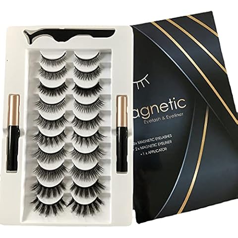 Updated 3D Magnetic Eyelashes Kit, with 2 Tubes of Magnetic Eyeliner Nature Look & Reusable Magnetic Lashes False Lashes (10 Pairs) Cover