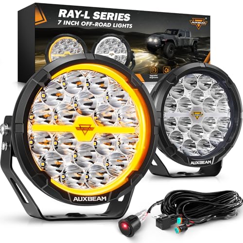 Auxbeam RAY-L Series 7 Inch Round Offroad Lights Amber White DRL Function 3 Modes LED Spotlights 240W 25800LM Dual Color Driving Off-Road Lighting, Pair