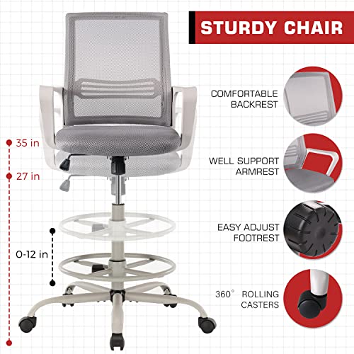 Homefla Mid-Back Mesh Drafting Chair - Tall Office Chair With Armrest Standing Desk Chair Counter Height With Adjustable Foot Ring #TOP3
