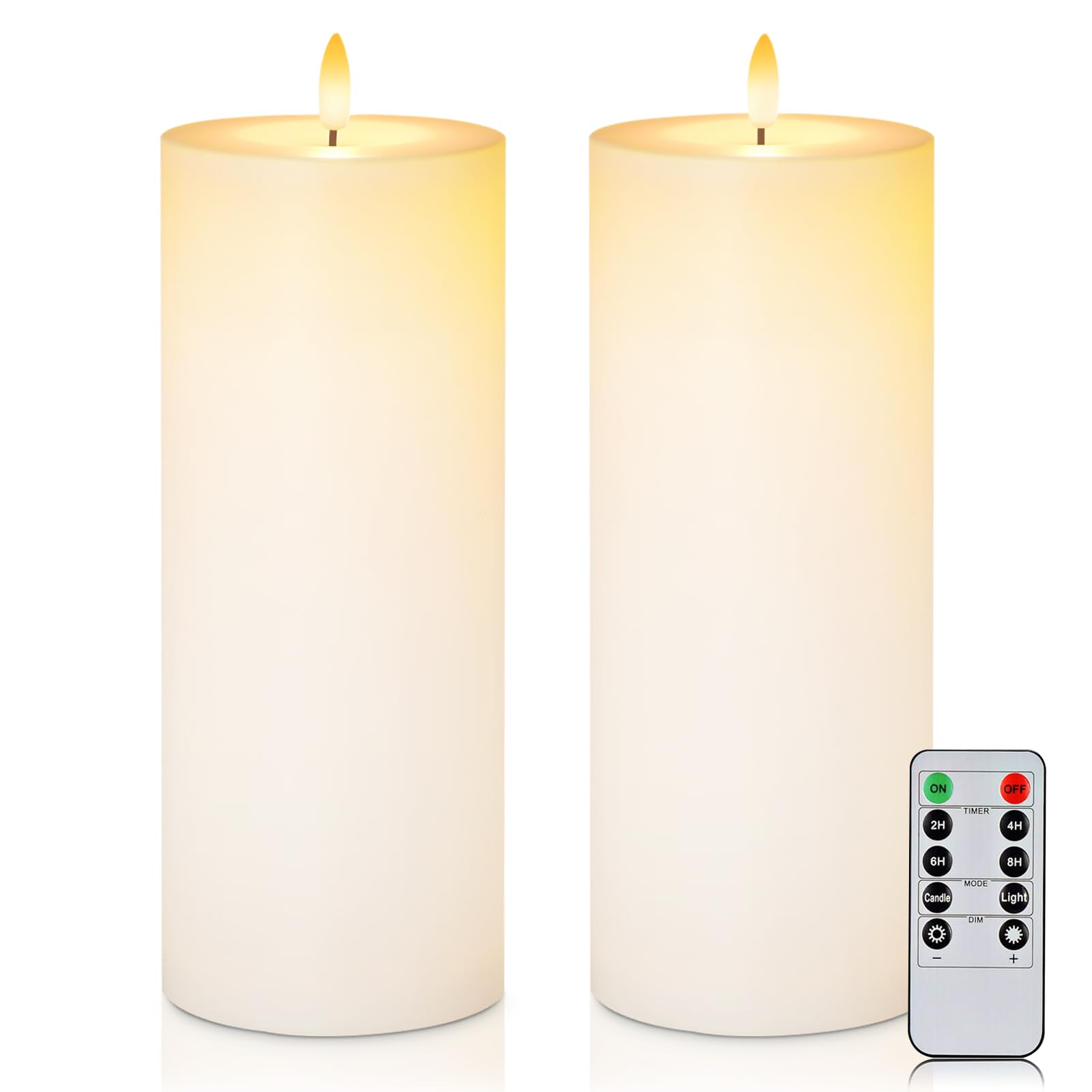 Homemory Lot de 2 grandes bougies piliers électriques sans flamme étanches avec télécommande et minuterie - Alimentées par piles - Longue durée - Blanc - 10,2 x 27,9 cm