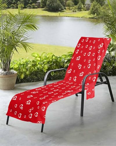 Valentine's Day Love Beach Chair Towel Covers for Chaise Lounge with Side Pocket, Soft Plush Pool Towels Cover for Patio Sunbathing Outdoor 29''x85'' Modern Red White Valentine Heart