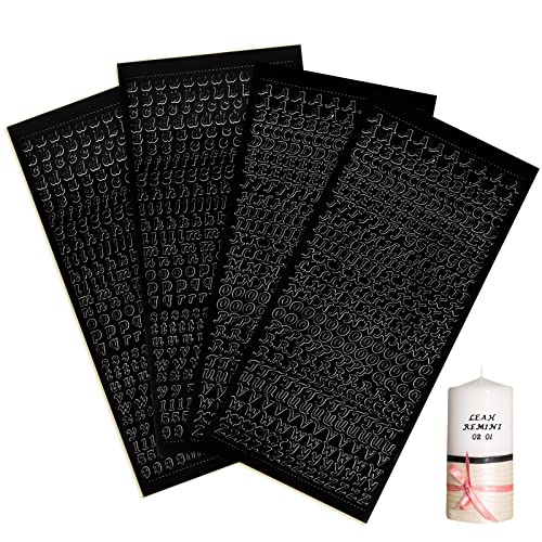 4 Blätter Sticker Buchstaben Zahlen Aufkleber Kleinbuchstaben zum Beschriften Schwarz Dekosticker für Kerzen Taufe Kommunion Konfirmation Hochzeit Geschenk Verpackung Umschlag (Schwarz)