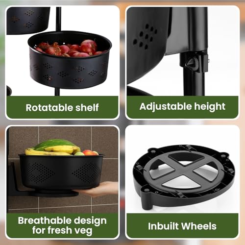 Image of JD FRESH 5 Layer ABS Rotating Kitchen Trolley with 360 Rotating Wheels /Multipurpose /Kitchen Storage Rack for Home /Onion Potato Storage Rack /Vegetable Basket Stand /Fruits Basket for Kitchen (Black)