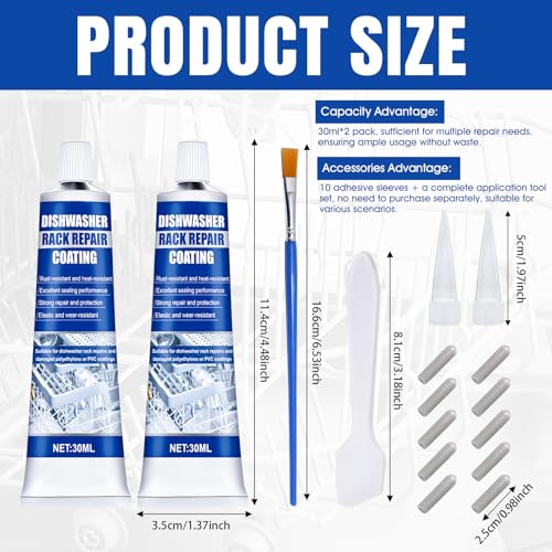 60ML Spülmaschinenkorb Rost Reparatur+10 Geschirrkorb Schutzkappen, Geschirrspüler-Korb reparatur Gummi, Wasserdichtes Dichtmittel, Geeignet Reparatur Abgenutzter Geschirrspülerkörbe