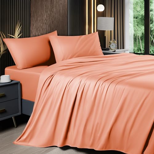 Image of Shilucheng 4 Piece Full Sheet Sets, Cooling Sheets, Blend Rayon Derived from Bamboo, Deep Pocket Up to 16 inch, Breathable & Soft Bed Sheets, Hotel Silky Bedding Set, Coral