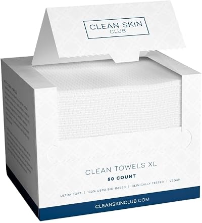 Clean Skin Club Clean Towels XL®, 100% USDA Biobased Face Towel, Disposable Face Towelette, Eczema Association Accepted, Makeup Remover Dry Wipes, Ultra Soft, 50 ct per pack, 2 Packs, 100 Ct Total