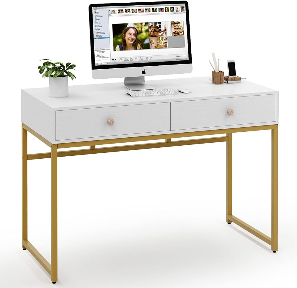 Tribesigns Computer Desk, Modern Simple 47 inch Home Office Desk Study Table Writing Desk with 2 Storage Drawers, Makeup Vanity Console Table, White and Gold