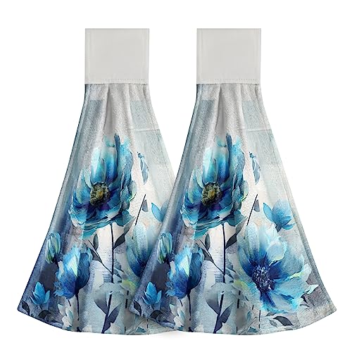 Giwawa Blue Floral Hanging Kitchen Towels 2 Pieces Watercolor Flower Dish Cloth Soft Absorbent Tie Towels Tea Bar Towels for Hotel Toilet Home