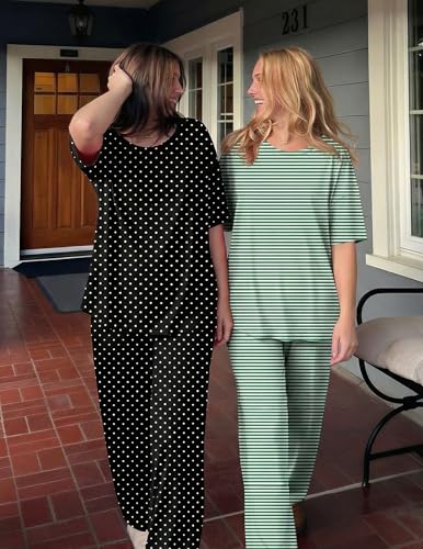 Image of Ekouaer 2 Pack Womens Pajamas Sets Short Sleeve Long Pants Pjs Lounge Set