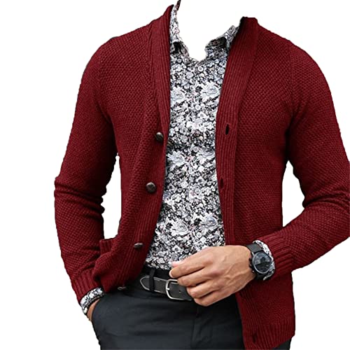 Kaxiya2021 Men's Solid Color Cardigan Knit Top Long-Sleeved Lapel Handsome Sweater Ribbed Side Buckle Casual All-Match Jacket (Red Wine,Large)