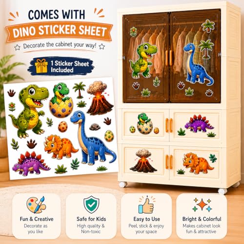 Image of TARKAN Kids Plastic Wardrobe Storage Cabinet with Wheels, DIY Dinosaur Stickers, Modular and Durable, 1 Hanging Rod + 2 Drawer Sections, 70x32x123cm