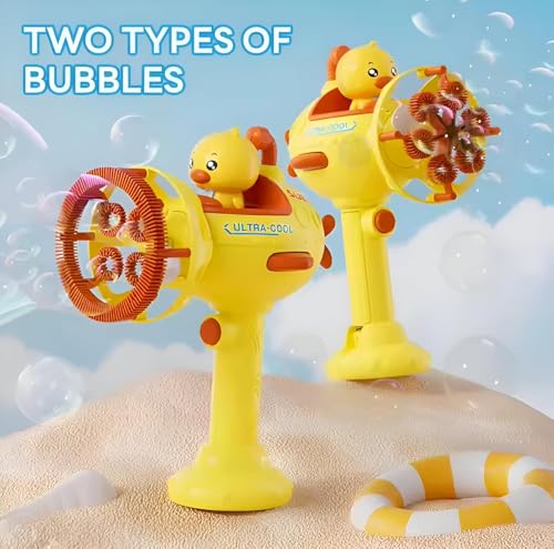 Image of 2-in-1 Automatic Bubble Maker Submarine Toy Gun & Mini Fan Toy for Kids | Cute Duck Bubble Blower Machine with Powerful Motor | Outdoor Summer Play Toy, LED Bubble Gun, Fun Party Gift for Boys