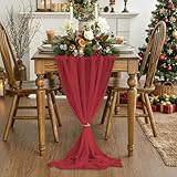 Artoid Mode Boho Cheesecloth Gauze Red Wedding Table Runner, 120 Inch Seasonal Christmas Fabric Kitchen Dining Holiday Table Decor for Home Party Indoor