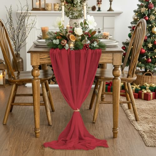 Artoid Mode Boho Cheesecloth Gauze Red Wedding Table Runner, 120 Inch Seasonal Christmas Fabric Kitchen Dining Holiday Table Decor for Home Party Indoor
