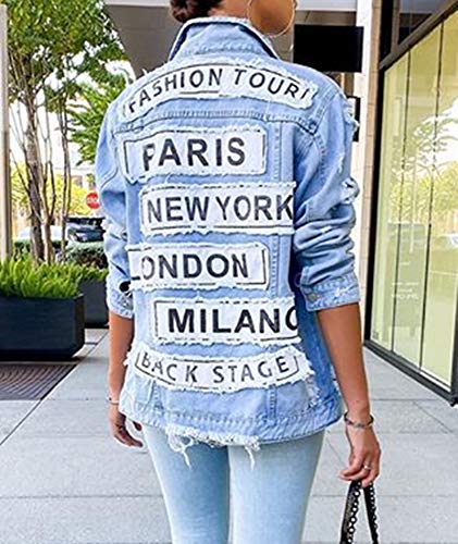 MACCHIASHINE Women's Letter Patchwork Long Sleeve Ripped Jean Jacket Sexy V Neck Loose Printed Distressed Denim Outfits4