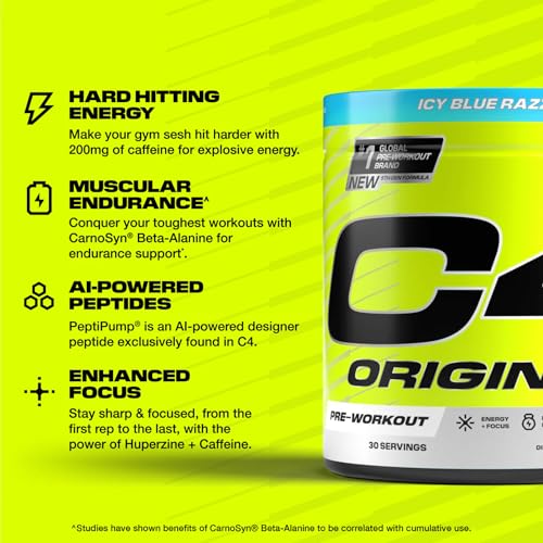 Image of Cellucor C4 Original Pre Workout Powder Sugar Free for Men & Women 200mg Caffeine + CarnoSyn Beta-Alanine + Creatine + AI Peptides - ICY Blue Razz, 30 Servings