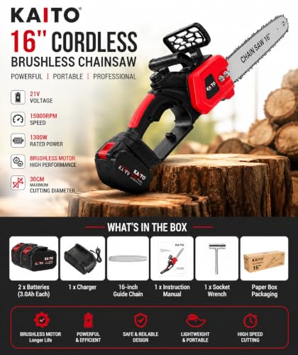Image of KAITO 16-Inch Cordless Brushless Chainsaw | 48 V | 1300 W | 15000 RPM | 2 x 3.0 Ah Batteries | for Tree Cutting & Gardening