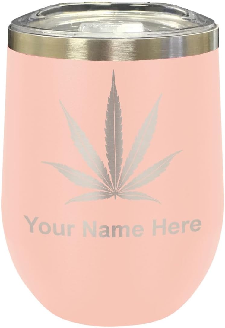 LaserGram 16oz Double Wall Stainless Steel Wine Glass Tumbler, Marijuana leaf, Personalized Engraving Included (Black)