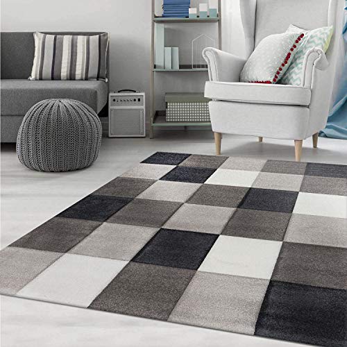 VIMODA Kurzflor Teppich Wohnzimmer Kariert Grau Anthrazit Creme Beige Weich Robust Konturenschnitt, Maße:120x170 cm