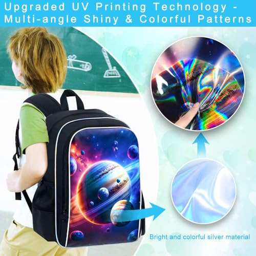 Image of gxtvo 3PCS Kids Space Backpack for Boys, 17 inch Kids Universe Bookbag with Lunch Box, Water Resistant Middle Elementary School Bag - Cosmic Planet