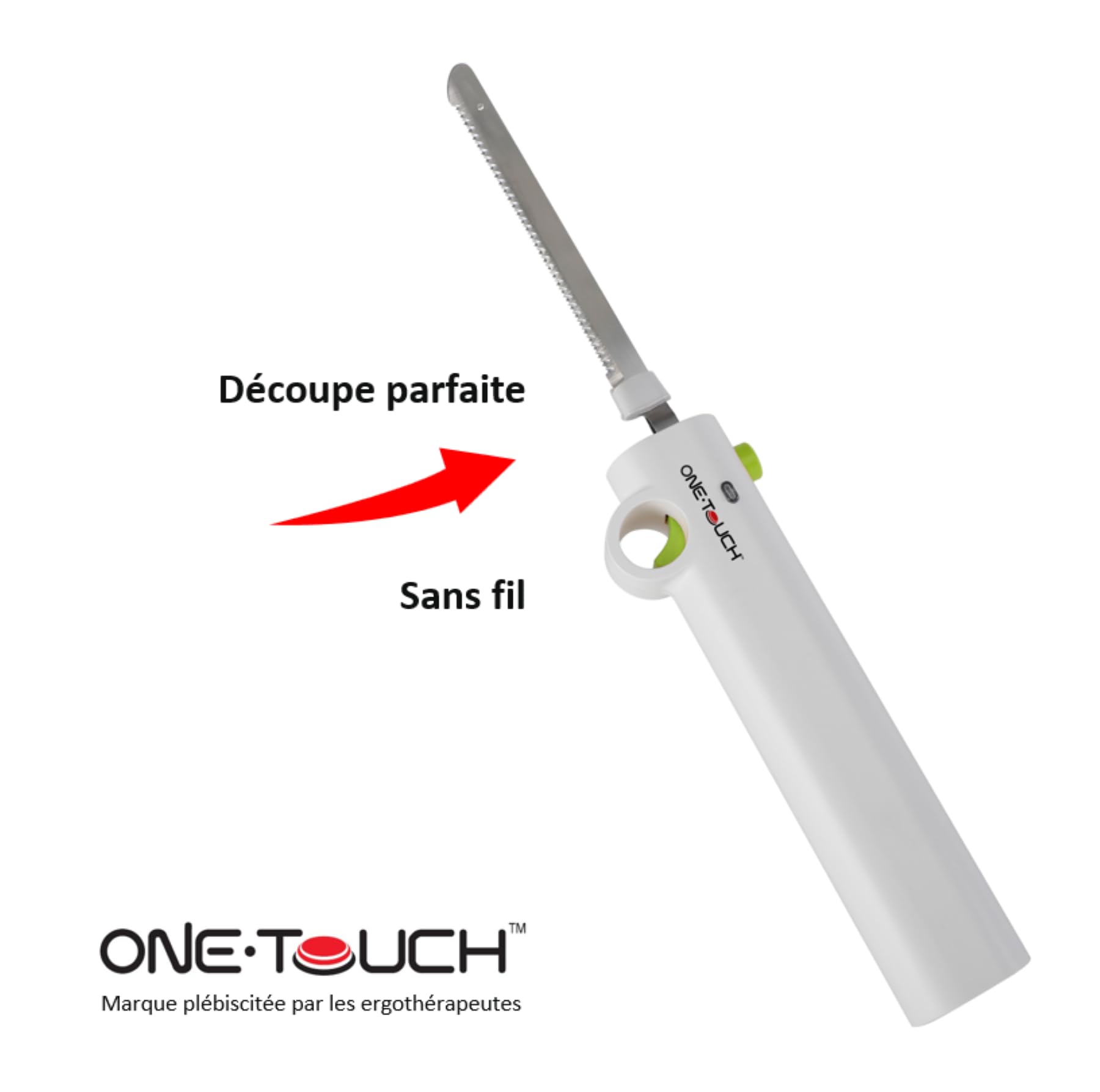 Cadeau Fête des Pères - Couteau Électrique Sans fil ONE TOUCH KC157 – Découpe Sans Effort Rôtis, Volaille, Pain – Rapide, Précis – Maniement Facile et Sécurisé – Idéal si problème de préhension