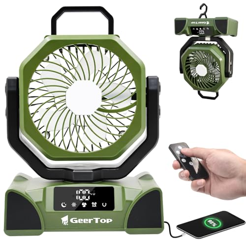 GEERTOP 20000mAh Portable Camping Fan Rechargeable, Battery Operated Tent Fans with LED Lantern for Outdoor Backpacking Travel