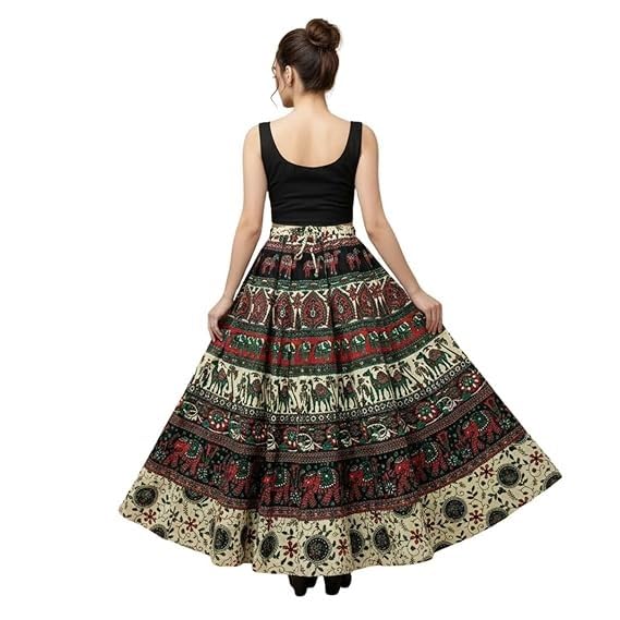 Image of HARSHITA-Enterprises Jaipuri Women's Cotton Printed Elastic Long Skirts