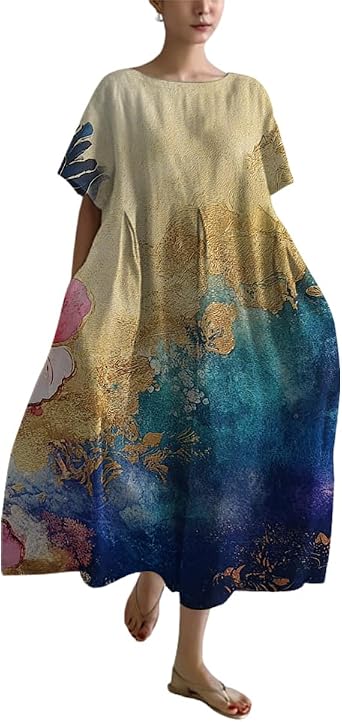 Womens Boho Floral Midi Dress Plus Size Short Sleeve Dresses Casual Loose Fit V Neck Summer Dresses with Pockets
