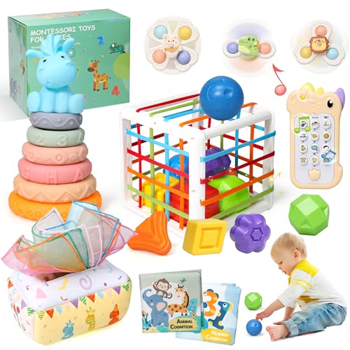 Image of 6 in 1 Baby Toys - Montessori Sensory Bins Toys for Toddlers 18+Months, Infant Stacking Circles Teether, Suction Cup Spinner Toy, Soft Activity Baby Book, Magic tissue box, Pretend Play Smart Phone
