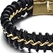 COOLSTEELANDBEYOND Large 8.4 Inches Mens Black Braided Leather Bracelet Interwoven with Gold Curb Chain in Steel