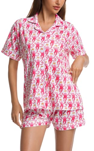 Image of Womens Pajamas Set Shorts Button Down 2 Piece Monkey Bunny Y2k Roller Dupes Rabbit Preppy Lounge Pjs Comfy Sleep Wear