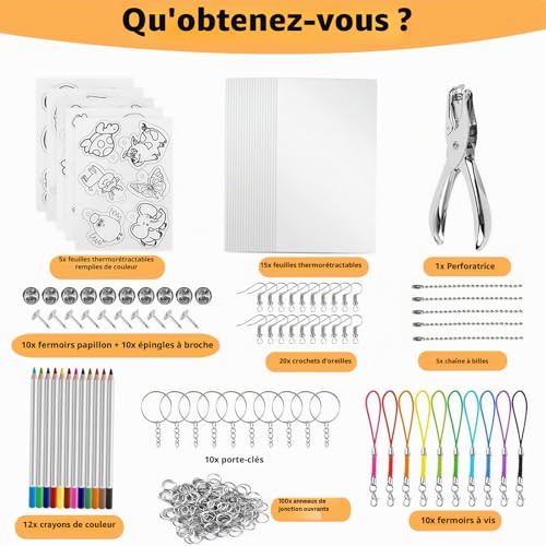 Bacxzomx 198 Pièces Plastique Fou Kit, Feuille de Plastique Rétractable DIY Set, 20 Shrinky Dink Paper avec Perforatrice, Crayons, Porte Clé, Broches, Crochets d’Oreille – Shrink Plastic – vue 5