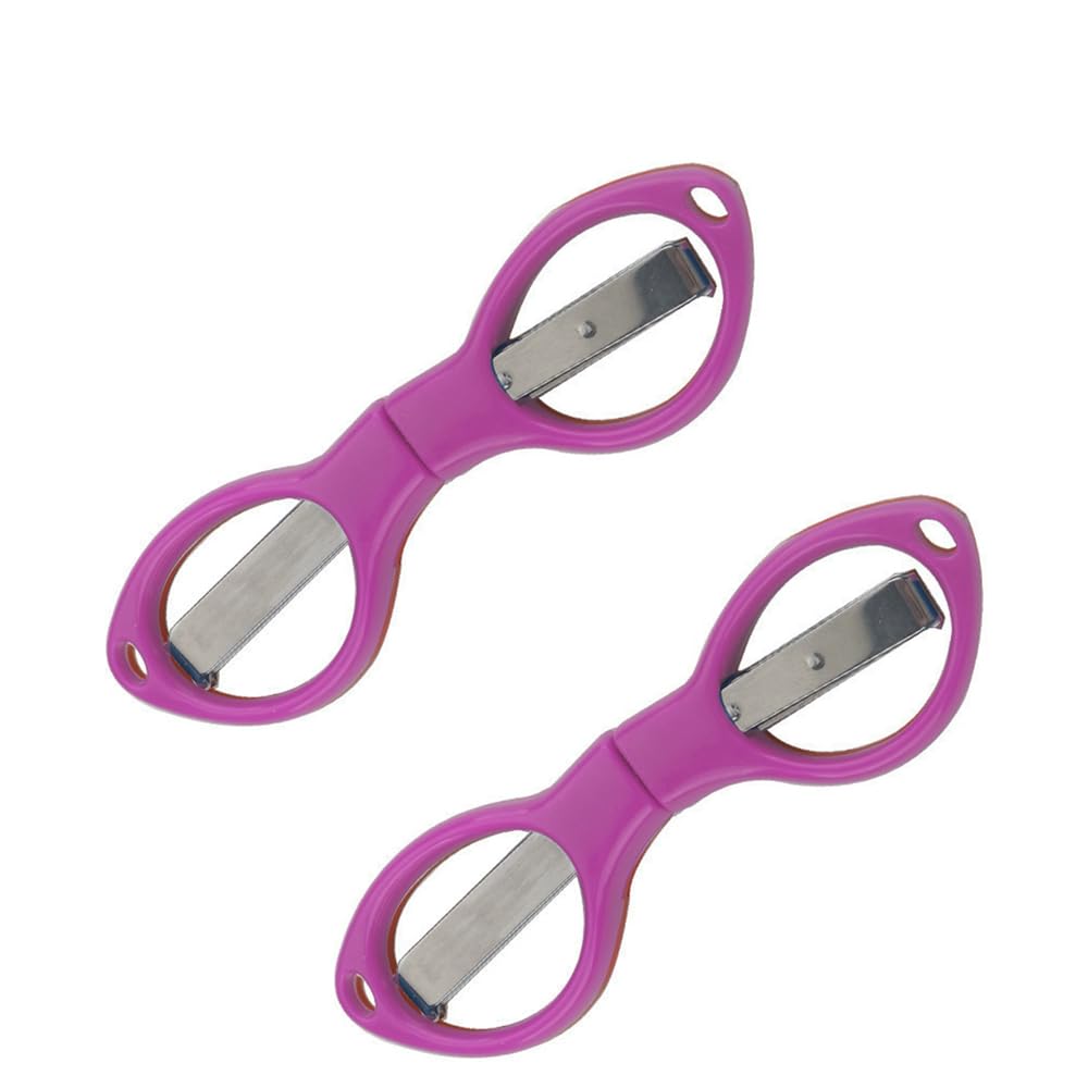 2 Pcs Small Folding Scissor, Stainless Steel Glasses-Shaped Foldable Safety Scissors with Keyring Hole for Households School Office, Purple
