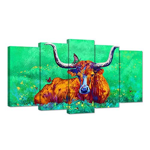 ZingArts 5 Panel Bull Canvas Wall Art Texas Longhorn with Butterflies Wildlife Animal Artwork Painting on Canvas For Living Room Decor Stretched and Framed Ready to Hang
