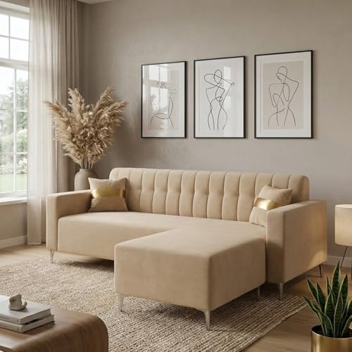 Image of FURNY Regan 4 Seater L Shape Sofa Set with Movable Ottoman | Flexible Left or Right Layout | Plush Velvet Fabric (Beige) | Perfect for Living Room, Guest Room & Office
