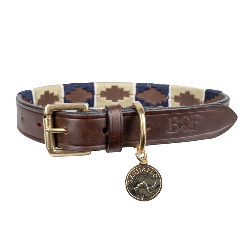 Benji & Flo Sublime Polo Leather Dog Collar - Navy/Fossil - Large