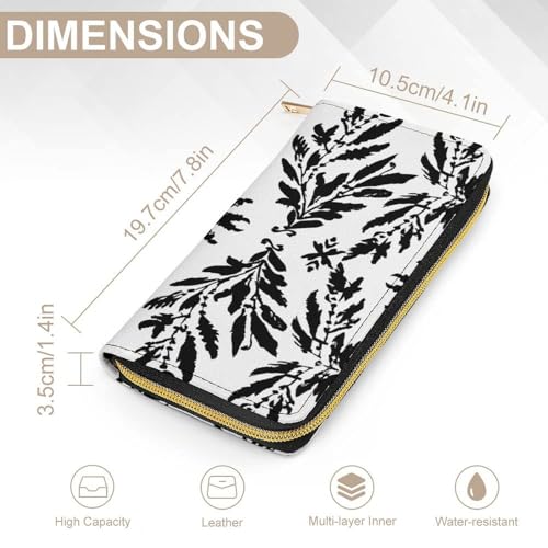 Black And White Leaves Print Long Wallet for Women Men PU Leather Card Holder Organizer with Zipper Coin Pocket & Cash Slots2