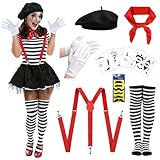GEEKEO Disfraz Mimo Mujer Carnaval - Disfraz de Payaso Circo 10 Piezas que Boina, Tirantes Ajustables, Guantes y Medias Carnaval Accessorie Mujer Hombres Disfraces Cosplay Carnaval Fiesta Temática