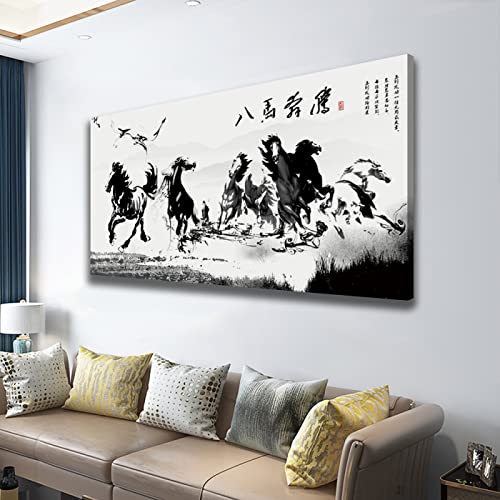 KEASHION Pintura de tinta de estilo chino Pintura en lienzo Ocho caballos al galope Arte de la pared y cuadros para el dormitorio Oficina Decoración de la pared del hogar 20x35cm Marco interior