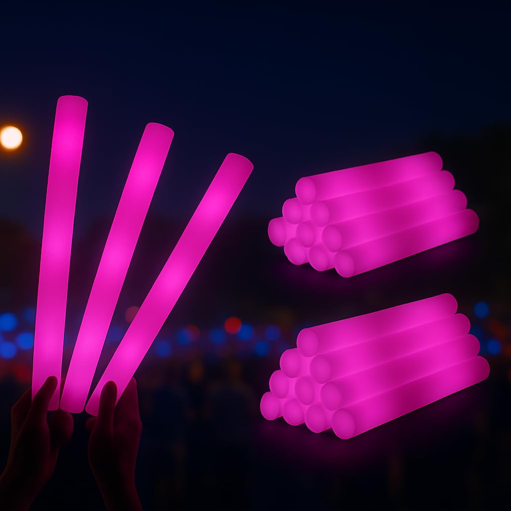 Zenda Club - Palo luminoso LED (48 cm, 96 unidades, 48 cm), color rosa – Palo luminoso fluorescente de espuma – 3 modos de iluminación – Glow Sticks para bodas, cumpleaños, conciertos, festivales