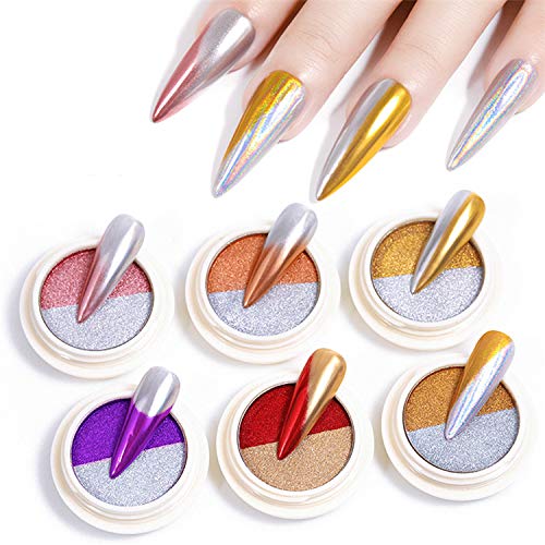 Two-Color Solid Aurora Chrome Nail Powder, 6 Boxes Holographic Aurora Iridescent Mirror Effect Nail Powder, Colorful Neon Nail Glitter, Multi Chrome Manicure Pigment with 6 Eyeshadow Sticks