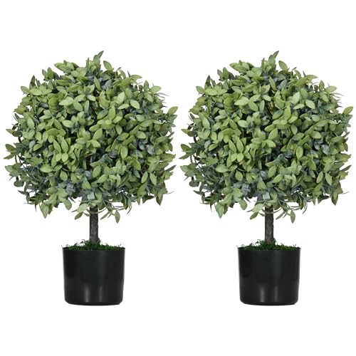 HOMCOM Juego de 2 Árboles de Té Artificiales 55 cm Planta Artificial con 343 Hojas Musgo y Maceta Planta Artificial Decorativa para Interior y Exterior Hogar Salón Oficina Verde