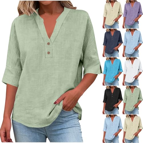 Chemise Femme Coton Et Lin Chemises Lin Manches 3/4 Col V Boutonné Top Henley Chemise Couleur Uni...