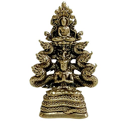 Poppip タイ仏陀 お守り像 Phra Pang Naga LP 蛇 蛇 瞑想 美しい真鍮置物 高さ4 x 幅1インチ